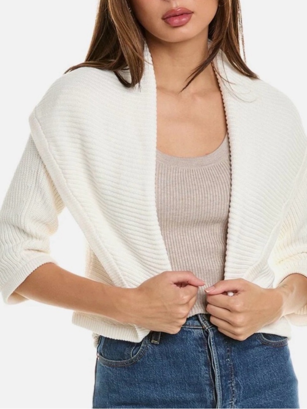 Cabi Women's Cream Open-Front Ribbed Cardigan Sweater XS cropped circle